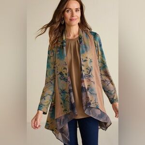 Soft Surroundings Cardigan Tea Gardens Topper‎ Brown Bird Floral